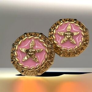 Gold Plated Pink Enamel Medusa Greek Key Starfish Earrings
